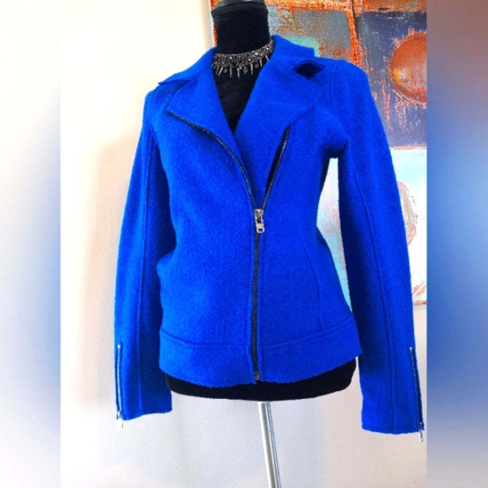 Tahari Blue Wool Blend Moto Jacket Size S NWOT